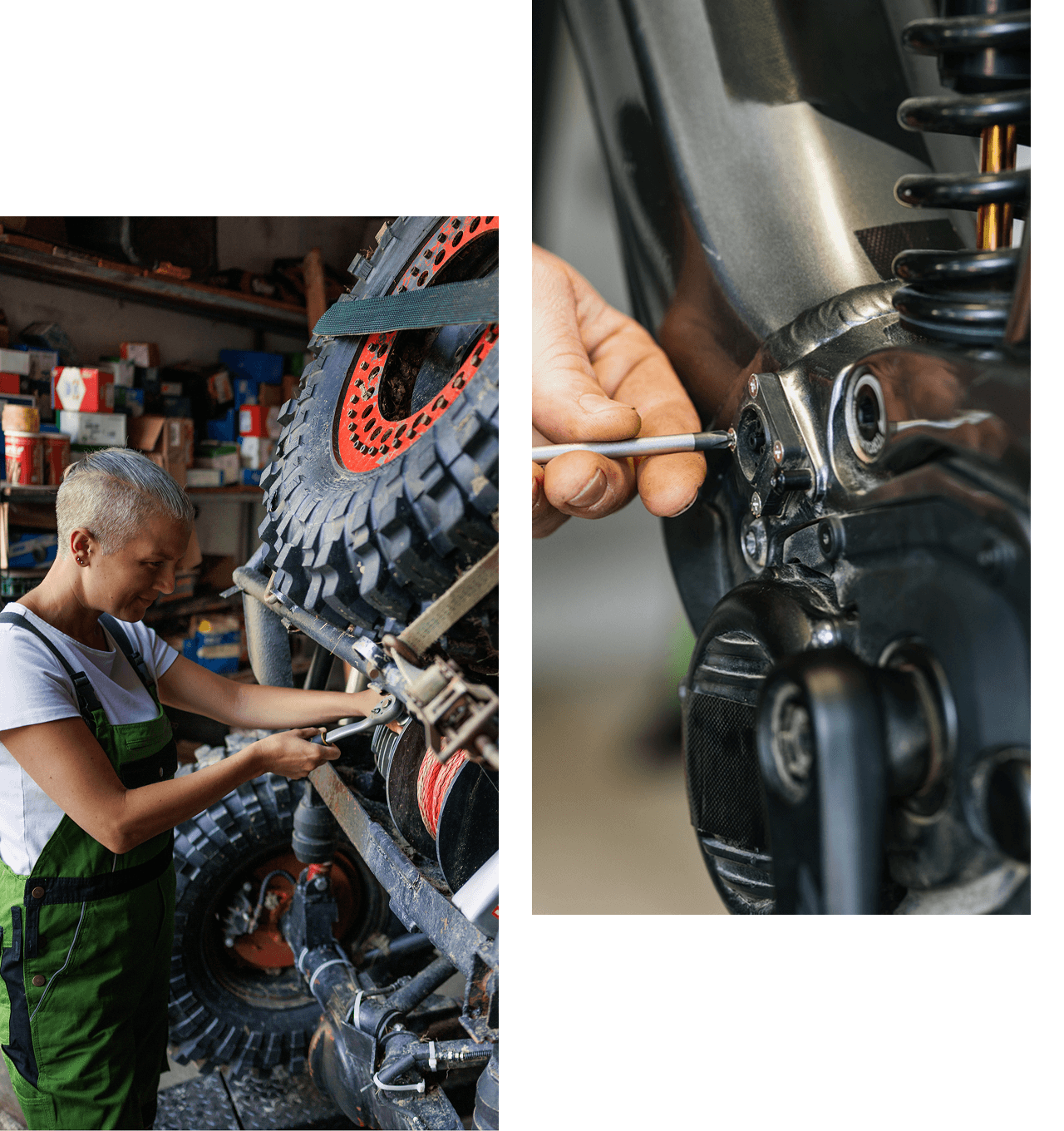 Mechanic working on motorcycle adjustments
