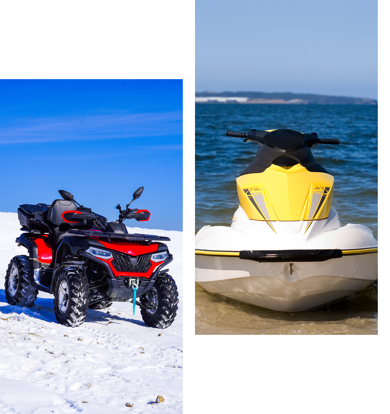 ATV on snow, jet ski on water