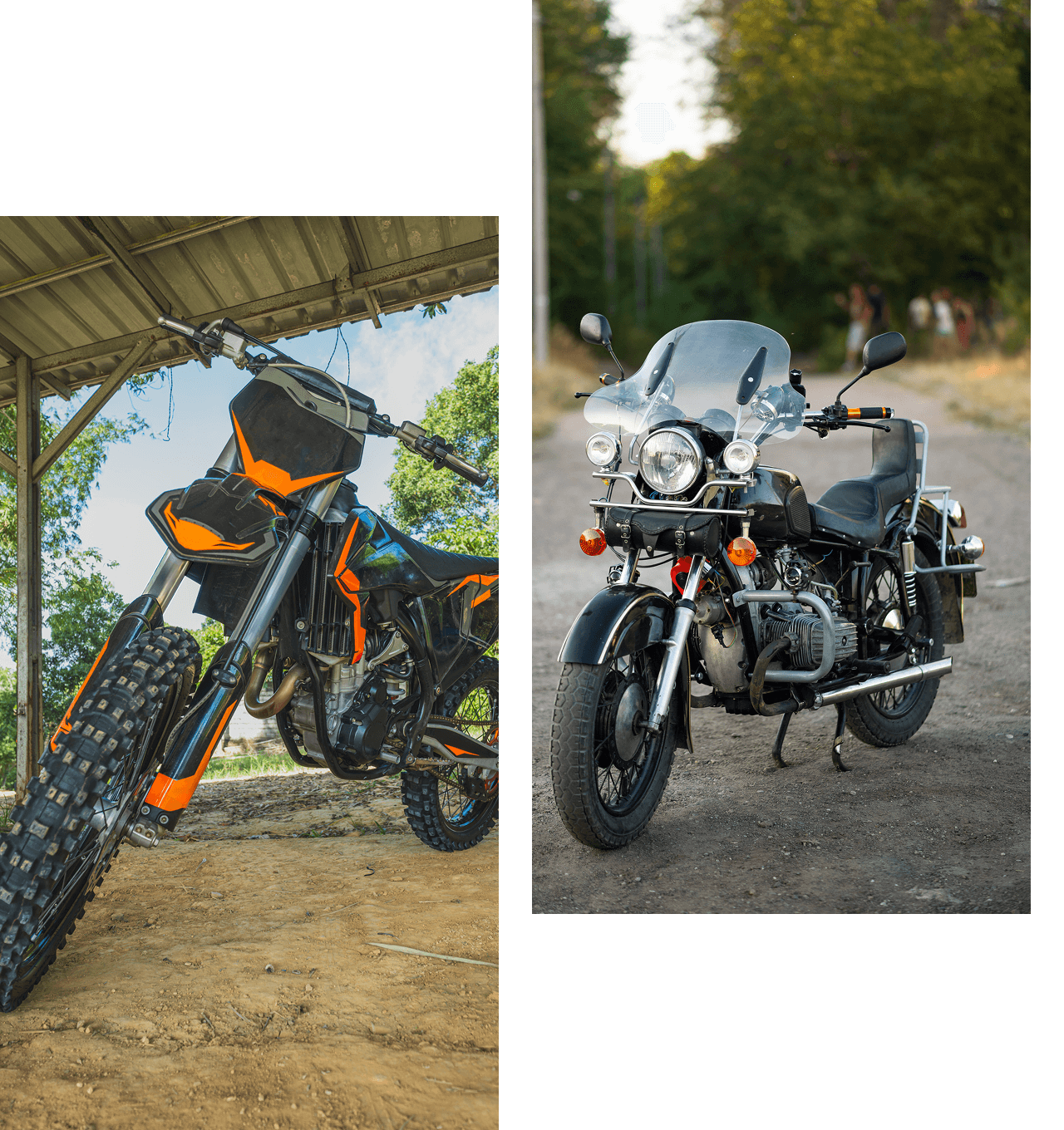 Off-road dirt bike under shelter