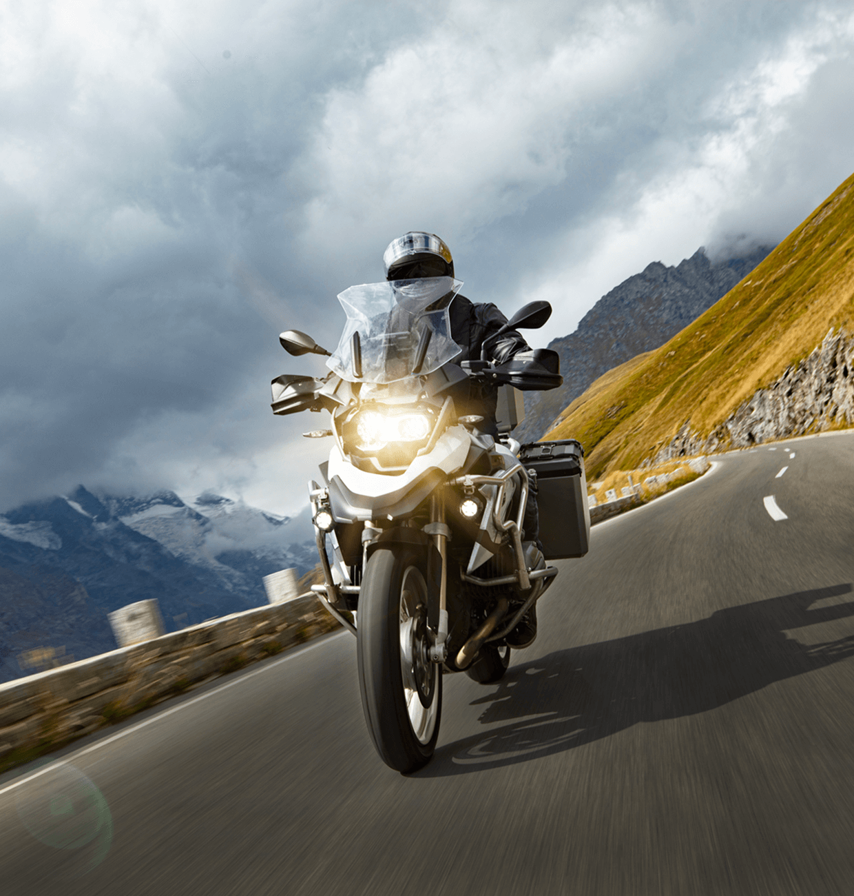Adventure motorcycle on winding highway